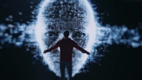 Man Facing Futuristic AI Projection Depicting a Digital Threat in Abstract Environment - Powered by Shutterstock - Get 15% off with code: PIKWIZARD15