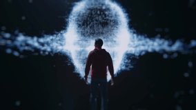 Human Silhouette Confronting a Dystopian AI Interface in Glowing Sci-Fi Scene - Powered by Shutterstock - Get 15% off with code: PIKWIZARD15