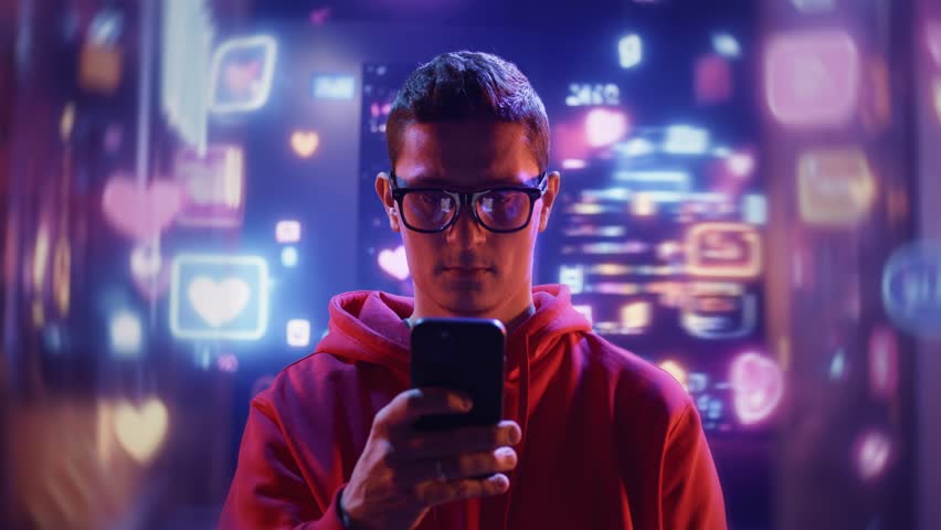 Social Media User Checking Phone In Neon City Night Digital Life Modern Technology