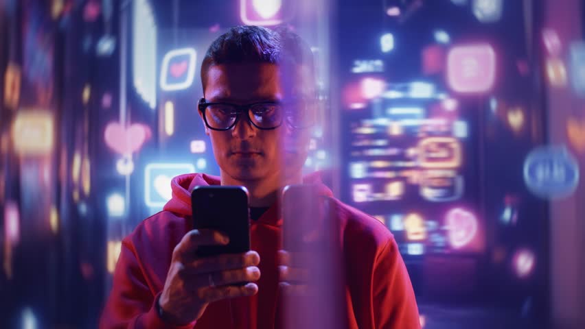 Social Media User With Phone Browsing Digital Apps Night Life Style Technology