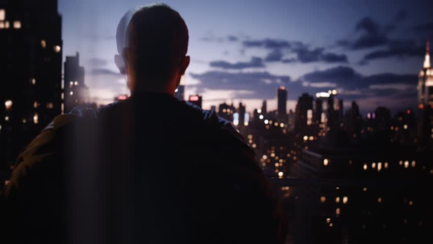 Silhouette Business Man Looking At City Skyline Corporate Success Future Vision