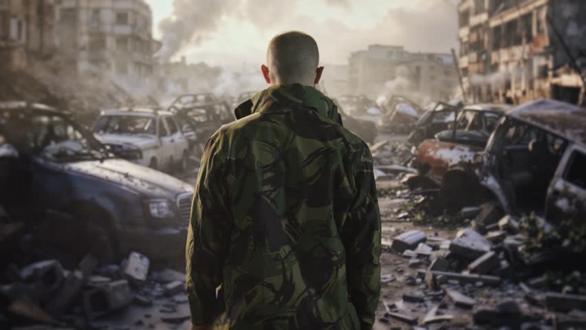 Soldier Observing War Torn City Ruins With Destroyed Cars Military Conflict Urban Destruction