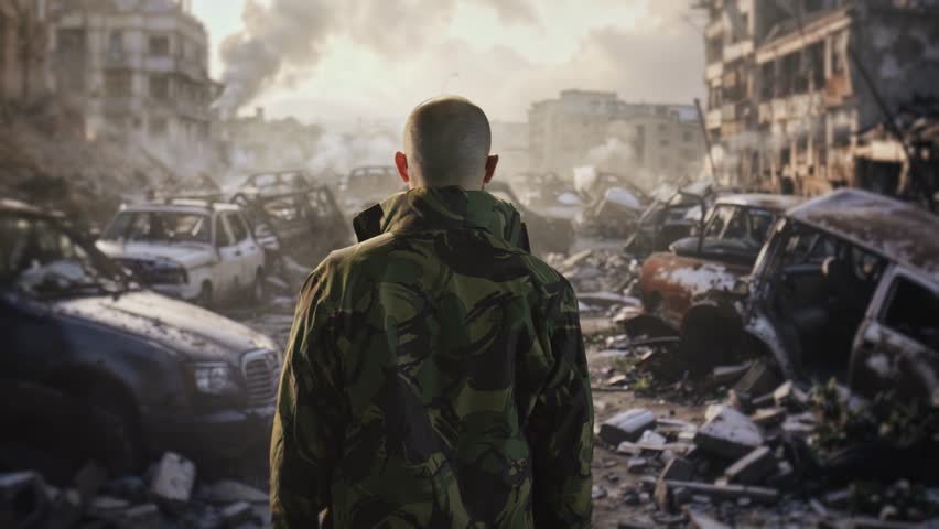 Soldier Observing War Torn City Ruins With Destroyed Cars Military Conflict Urban Destruction