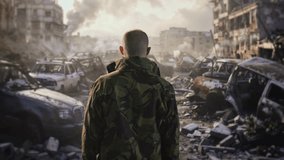 Soldier Observing War Torn City Ruins With Destroyed Cars Military Conflict Urban Destruction - Powered by Shutterstock - Get 15% off with code: PIKWIZARD15