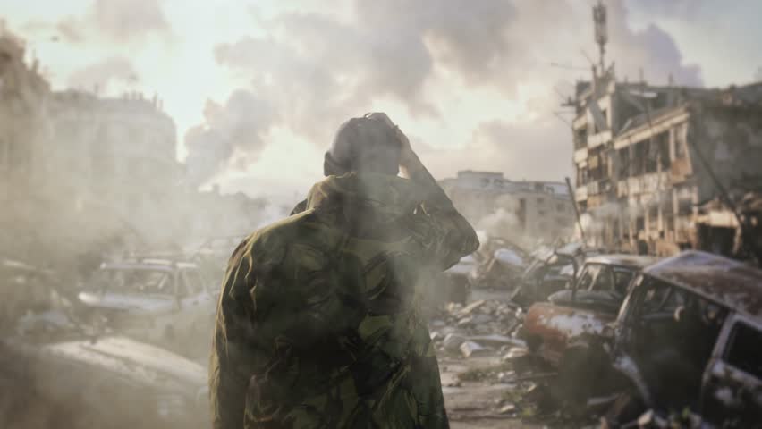 Soldier Observing War Torn City Destruction Buildings Combat Zone Military Aftermath