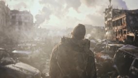 Military Figure Surveys War Torn City Ruins Destruction Aftermath Warzone - Powered by Shutterstock - Get 15% off with code: PIKWIZARD15