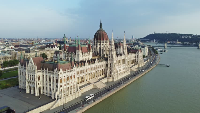 Aerial view of Budapest city and Hungarian Parliament building on Danube river, Hungary, 4k