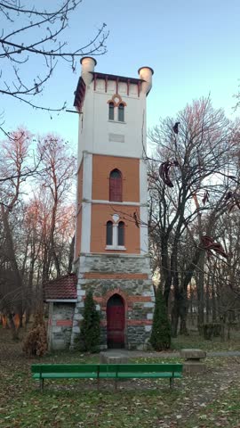 Fire tower in Central Park, Targu-Jiu, Romania. 4K resolution.