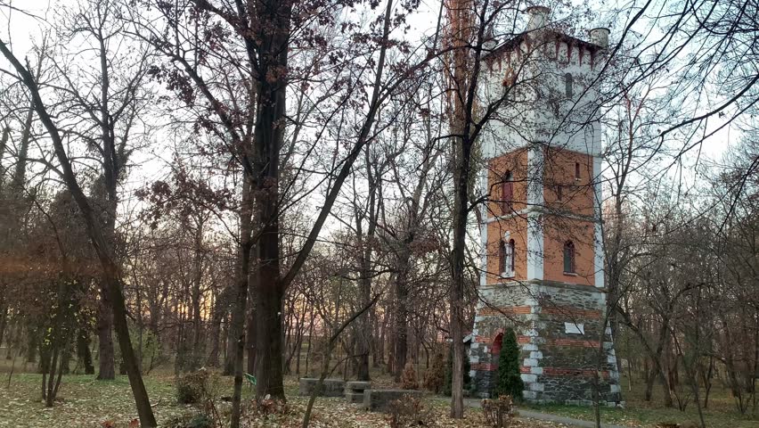 Fire tower in Central Park, Targu-Jiu, Romania. 4K resolution.