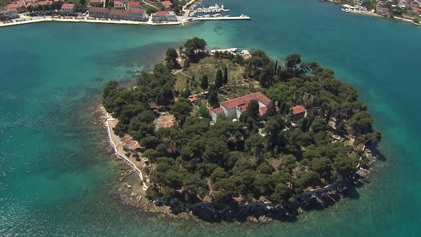 Aerial shot of a monastery on a small island, Adriatic, Croatia