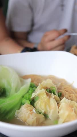 Pork Shrimp Prawn Dumplings with Lettuce and vegetable egg noodle soup broth lunch
