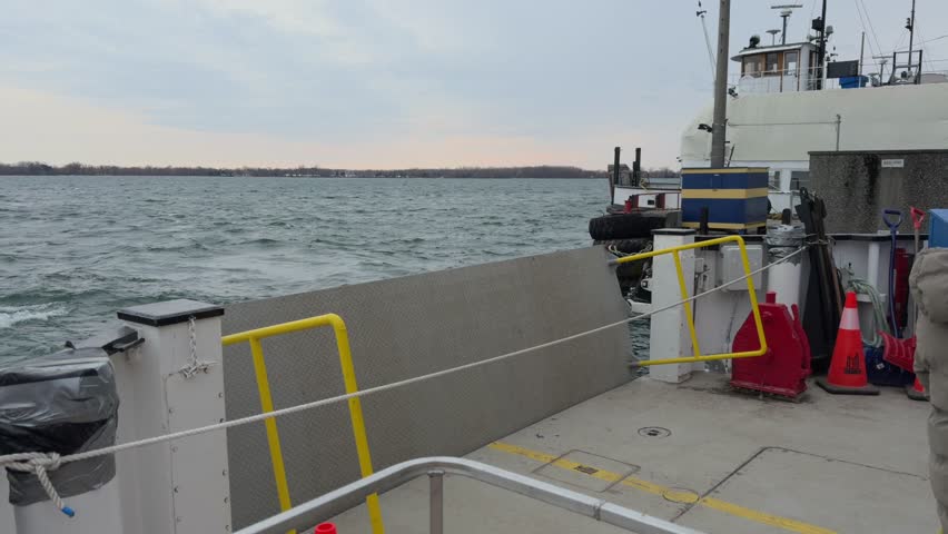 Ferry across the river on a cloudy day, inside the ferry. Toronto Island , ON , Canada. Center Island Ferry Approaching Fog Covered Toronto Skyline.
