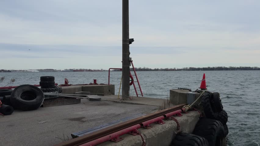 Pier, ferry across the river on a cloudy day, inside the ferry. Toronto Island , ON , Canada. Center Island Ferry Approaching Fog Covered Toronto Skyline.