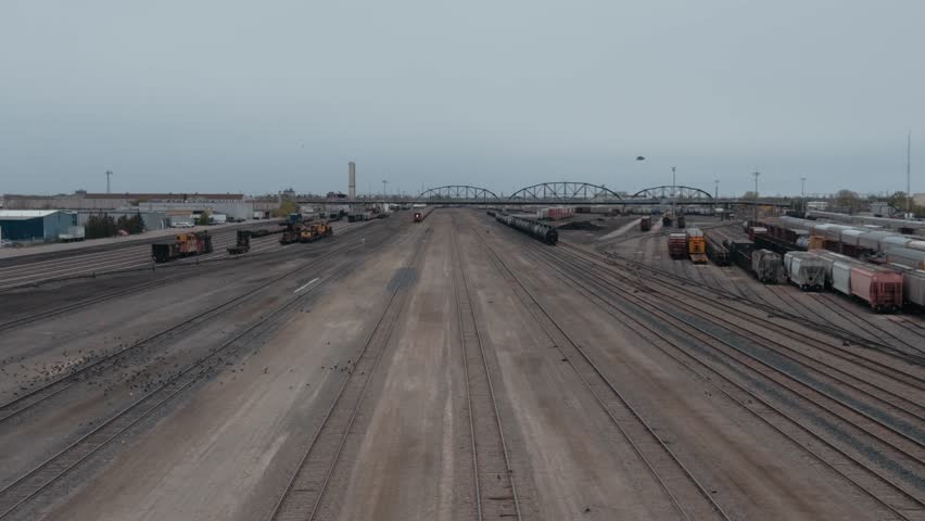 Winnipeg, Manitoba. Industrial area, trains, tracks, depot.