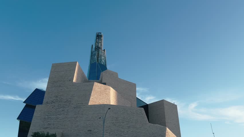 Panorama of the Human Rights Museum in Winnipeg, Manitoba. Video of the museum in sunny weather.