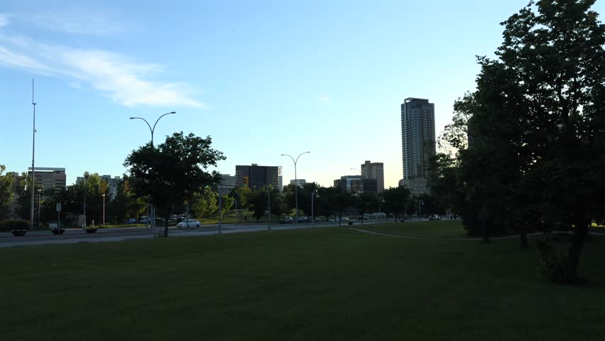 Winnipeg, Manitoba. Panorama of city streets in the evening. Part of the Human Rights Museum.