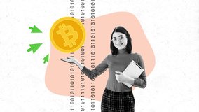 Creative motion art collage video of happy girl hold ereader show palm coin bitcoin income cryptocurrency trader token  - Powered by Shutterstock - Get 15% off with code: PIKWIZARD15