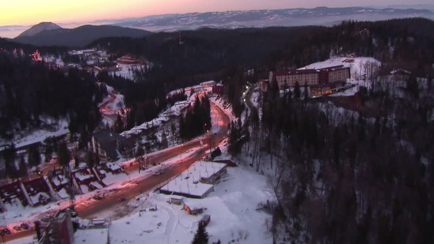Aerial shot of the tourist sport and recreational resort on the mountain