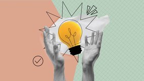 Funny animation of halftone hands holding bright light bulb floating. Trendy halftone business animation. Creative, imagination, technology, innovation, inspiration, futuristic concept. Adroitness. - Powered by Shutterstock - Get 15% off with code: PIKWIZARD15