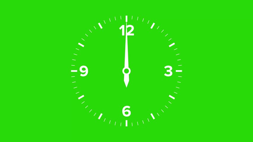 Green screen animation of an analog clock, starting at 12:00 and looping