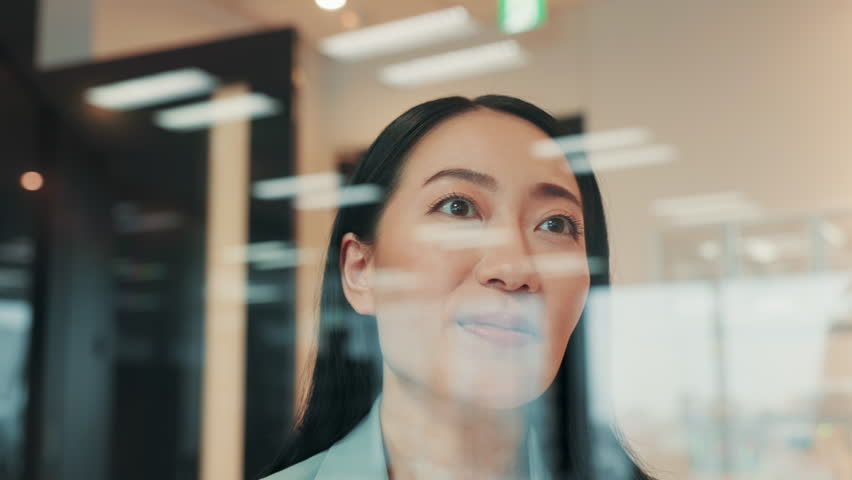 Japanese, business and woman for thinking by window with memory, corporate career and financial solution. Smile, female accountant and reflection for investment growth, inspiration and ideas in Japan