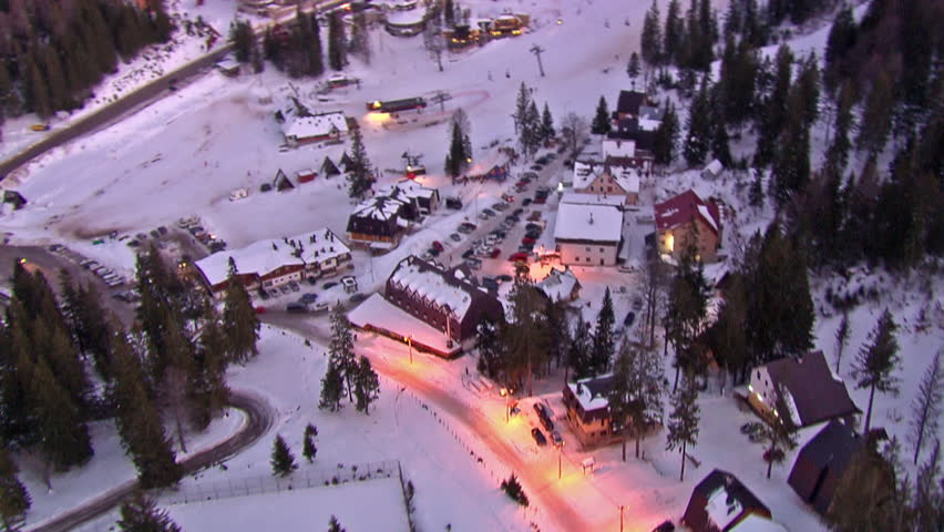 Aerial shot of the ski center on the mountain Jahorina at dawn