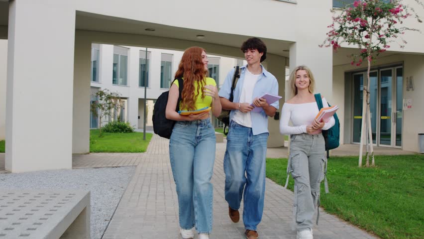 Group of smiling university students walking on campus pathway