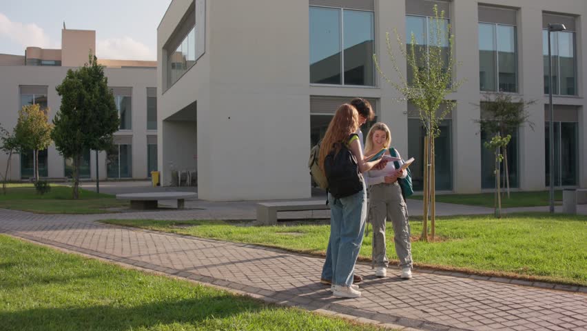 University students collaborating on project outside modern campus building