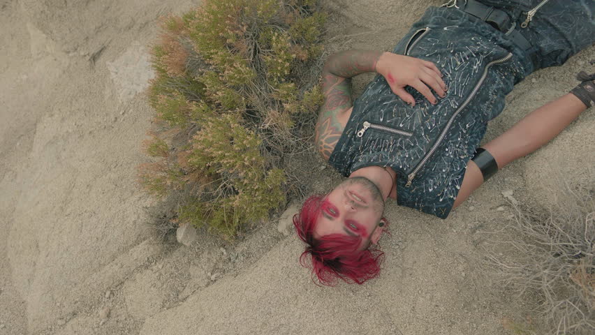 A man with red hair and red eye makeup lies on a rocky desert ground beside a shrub, looking upward. Dressed in a punk-style vest, he appears contemplative or exhausted.