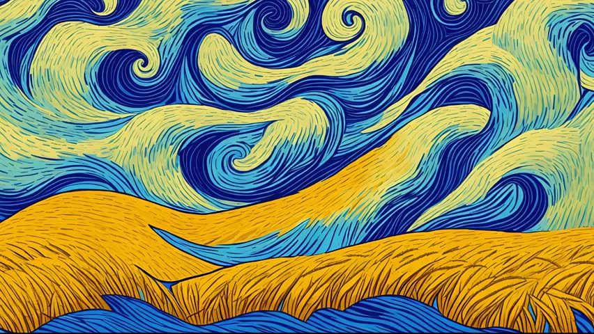 Stylized interpretation of a wheat field under a dynamic, swirling sky inspired by Van Gogh’s iconic brushstroke style. It features vibrant blues and yellows, creating a sense of movement and contrast