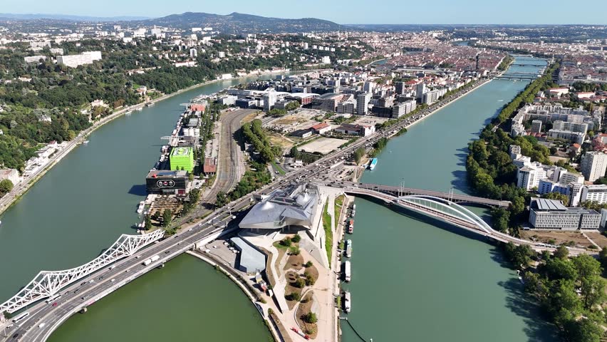 Aerial view of the Rhone and Saone rivers in Lyon, France