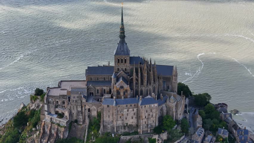 Drone shot of Mont-Saint-Michel Abbey in France