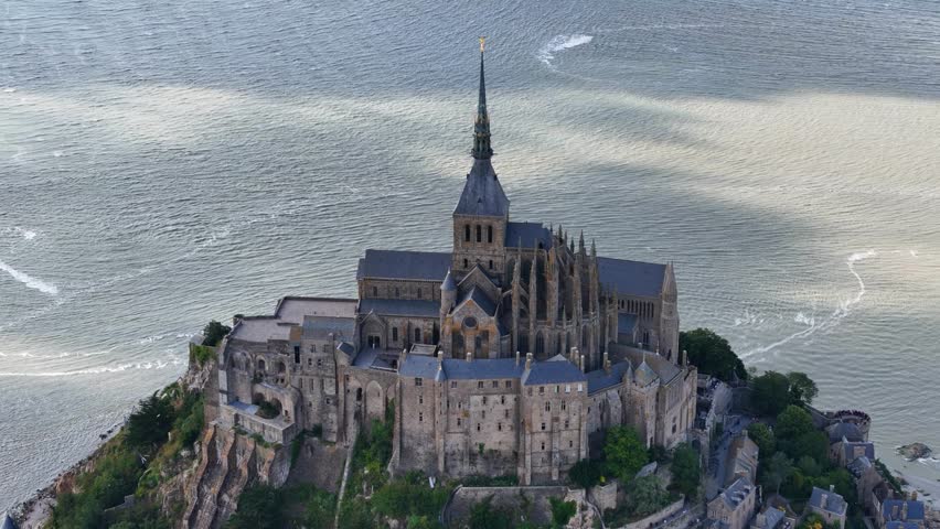 Drone shot of Mont-Saint-Michel Abbey in France