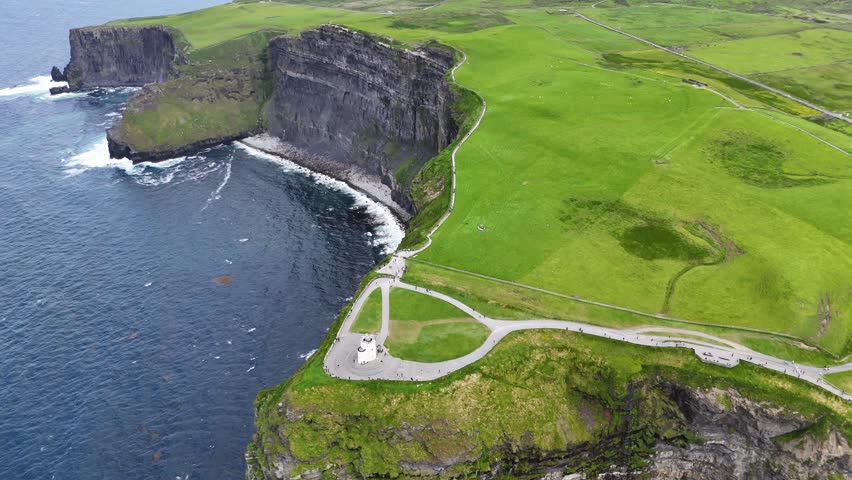 Drone footage of the Cliffs of Moher along the Atlantic Ocean, Ireland