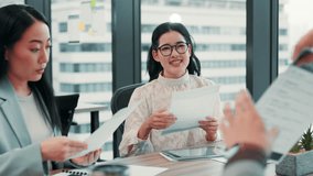 Japanese, business woman and documents for pitch, discussion and presentation or meeting. Asian people, paperwork and tablet for brainstorming, project report and teamwork in b2b company negotiation - Powered by Shutterstock - Get 15% off with code: PIKWIZARD15