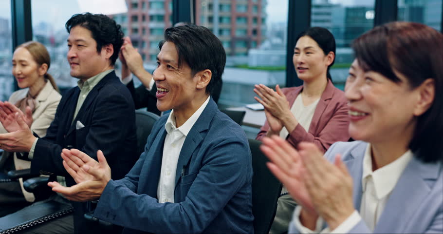 Office, applause and business people in Japan for seminar, presentation and conference. Corporate, meeting and audience of Asian men and women clapping hands for success, company growth and good news