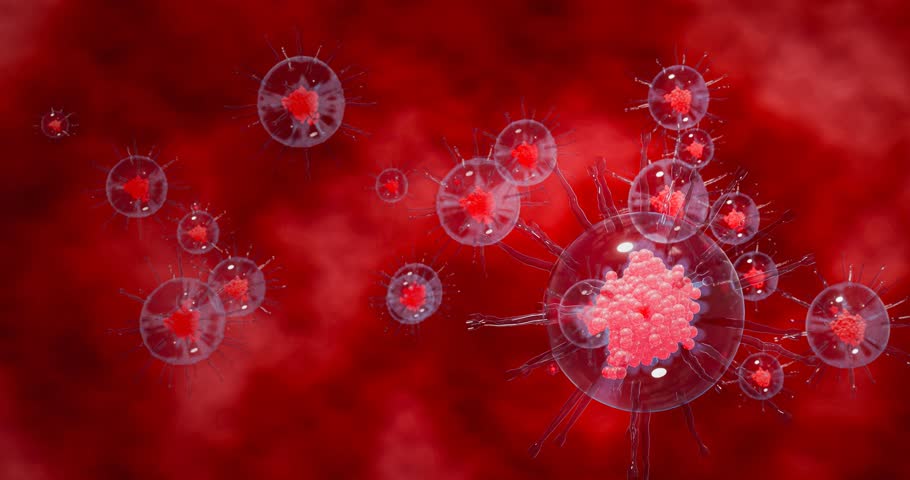 Simulation of HIV virus or COVID-19. Outbreak of the virus in the body. Immunodeficiency or AIDS destroys the body's immune system, which spreads and destroys the body's nervous system. 3D Rendering