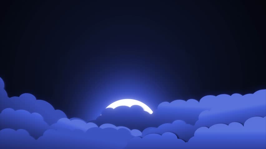 Glowing White moon rising from the cloud. animated cartoon cloud flying in the sky and cartoon stars blinking on Dark blue background. Animated Cartoon Star And Cloud Background. Animation Of Cartoon	