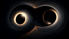 two black holes interacting with each other in space. The dark circle in the center represents the event horizon of each black hole, surrounded by glowing gas that appears distorted by the effects  - Powered by Shutterstock - Get 15% off with code: PIKWIZARD15