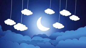 Cartoon Cloud hanging and stars blinking on gradient dark blue background, And Cloud Background. Animation Of Cartoon Paper Background. Glowing Moon And Twinkle Stars Moving In The Sky With Animated - Powered by Shutterstock - Get 15% off with code: PIKWIZARD15