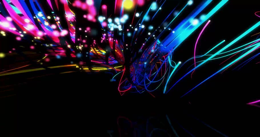 An animation showcasing colorful lights glowing and moving across a black background, resembling fireworks or light trails painting through the darkness.
