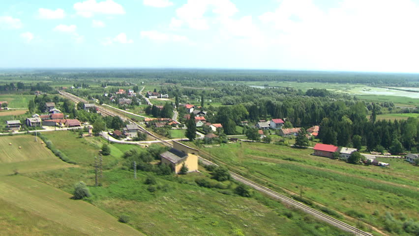 A low altitude aerial along railway in rural area