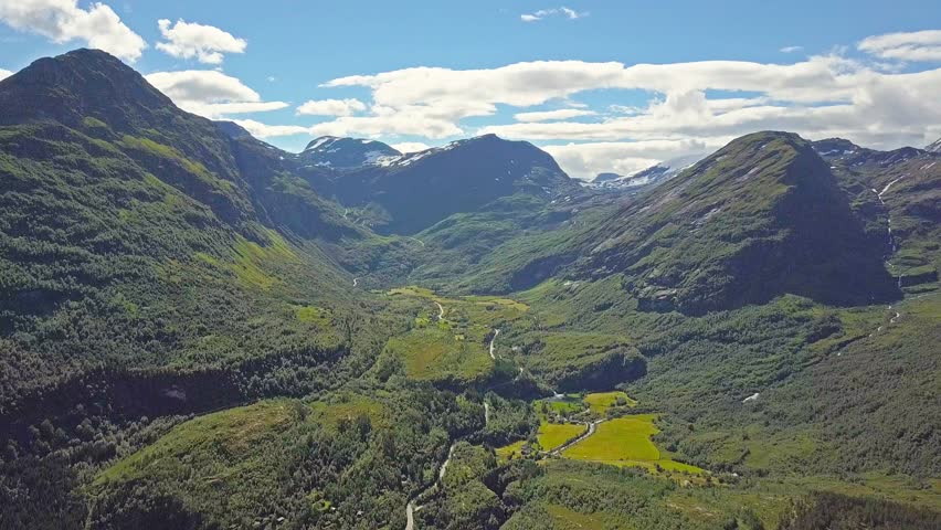 Geirangerfjord near Geiranger village aerial view in Norway
