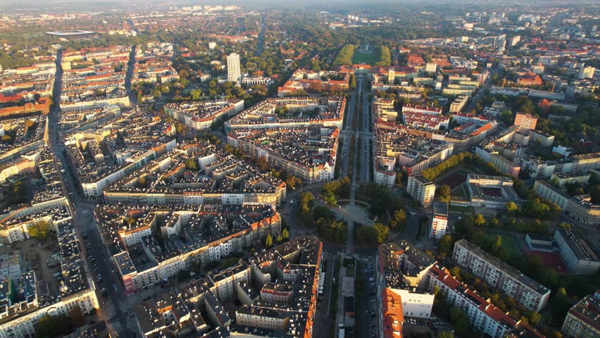 Aerial panorama view of the downtown of the city Szczecin on a sunny morning in summer in poland.