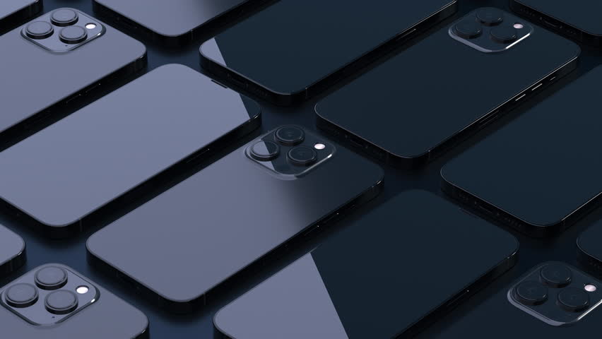 Phone smartphone on a black background caustic glitters. Seamless loop product presentation. 4K animation.