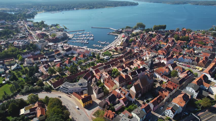 Aerial view of the old town of the city Waren on a sunny noon in summer in Germany.