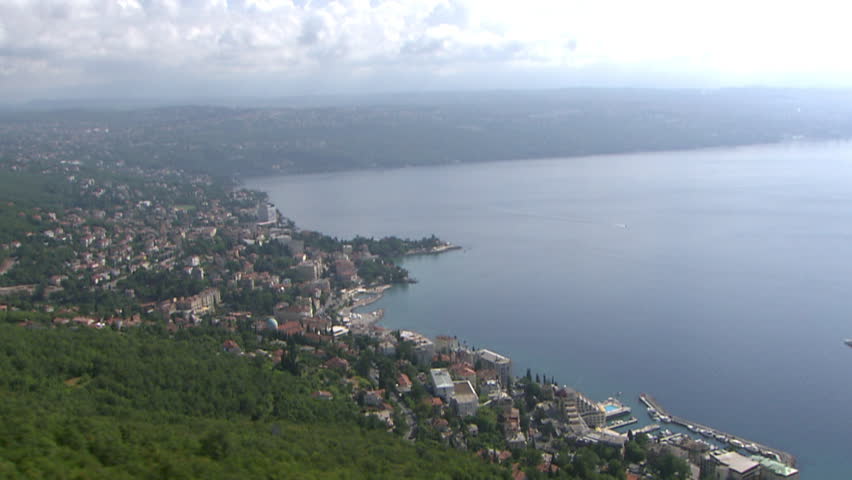 A high altitude flight over the City of Opatija, Croatia. Aerial helicopter