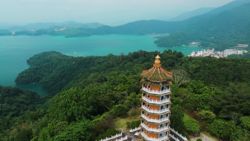 Aerial view of Pa Cien Pagoda in Nantou, Sun Moon Lake, Nantou, Taiwan