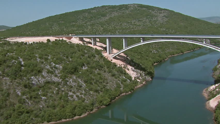 Aerial shot of the bridge across the river Cetina