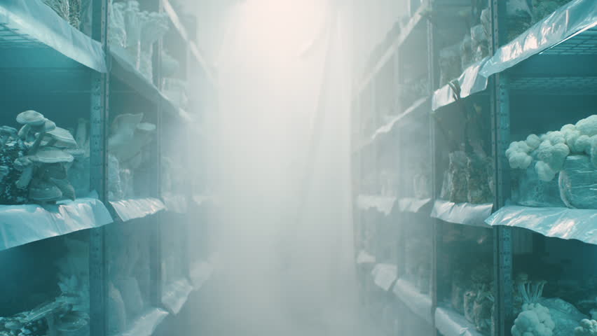 Misty lab with mushrooms everywhere